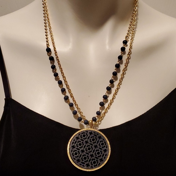 Avenue Double Chained Necklace - Blue & Gold - Picture 2 of 3